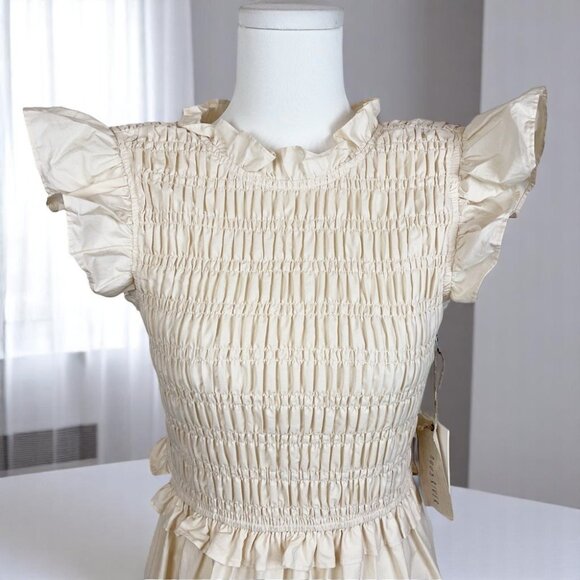 NWT Moon River Ruffled Smocked Eyelet Midi Dress in Cream - Picture 10 of 10